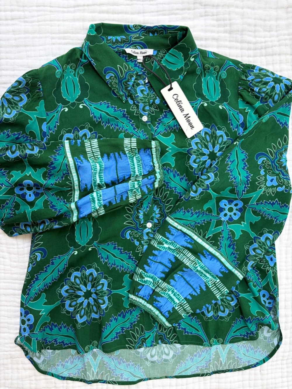 Celina Moon Green Boho Blouse Large NWT Retro Floral Button Up